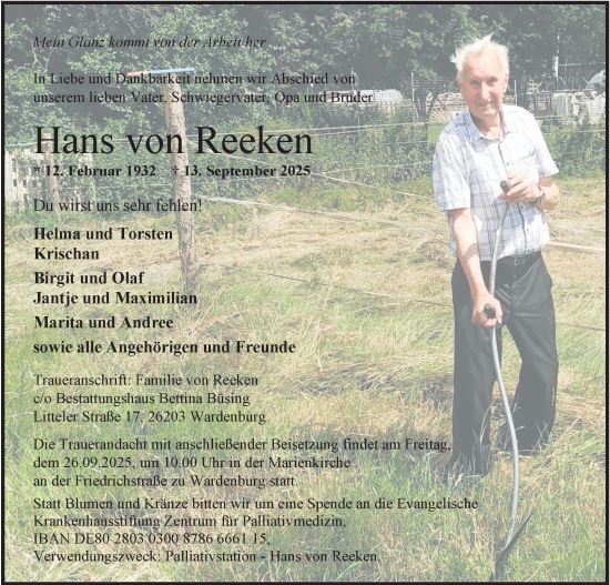 Traueranzeige von Hans von Reeken von Nordwest-Zeitung