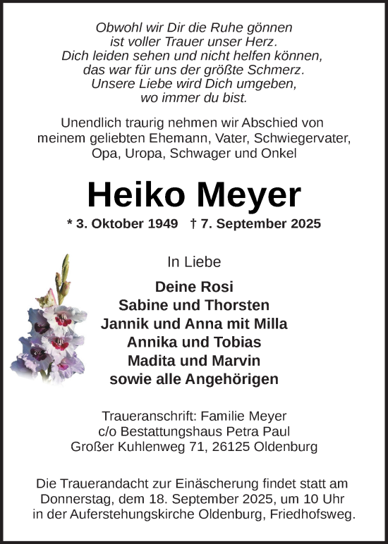 Traueranzeige von Heiko Meyer von Nordwest-Zeitung