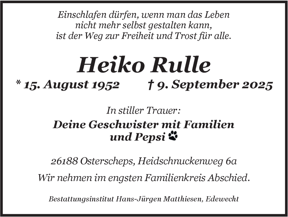  Traueranzeige für Heiko Rulle vom 13.09.2025 aus Nordwest-Zeitung