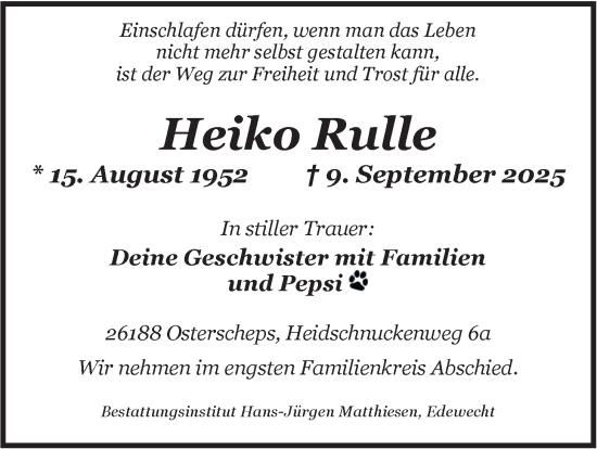 Traueranzeige von Heiko Rulle von Nordwest-Zeitung