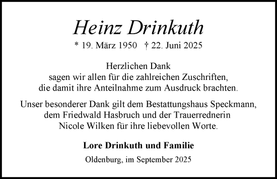 Traueranzeige von Heinz Drinkuth von Nordwest-Zeitung