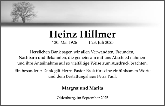Traueranzeige von Heinz Hillmer von Nordwest-Zeitung