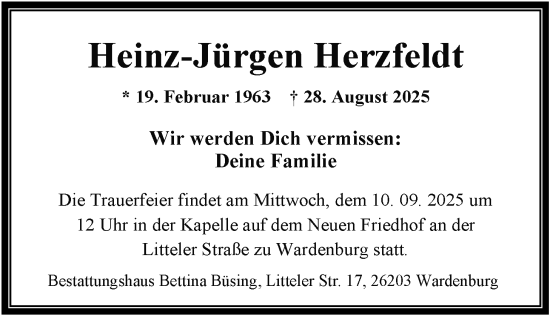 Traueranzeige von Heinz-Jürgen Herzfeldt von Nordwest-Zeitung