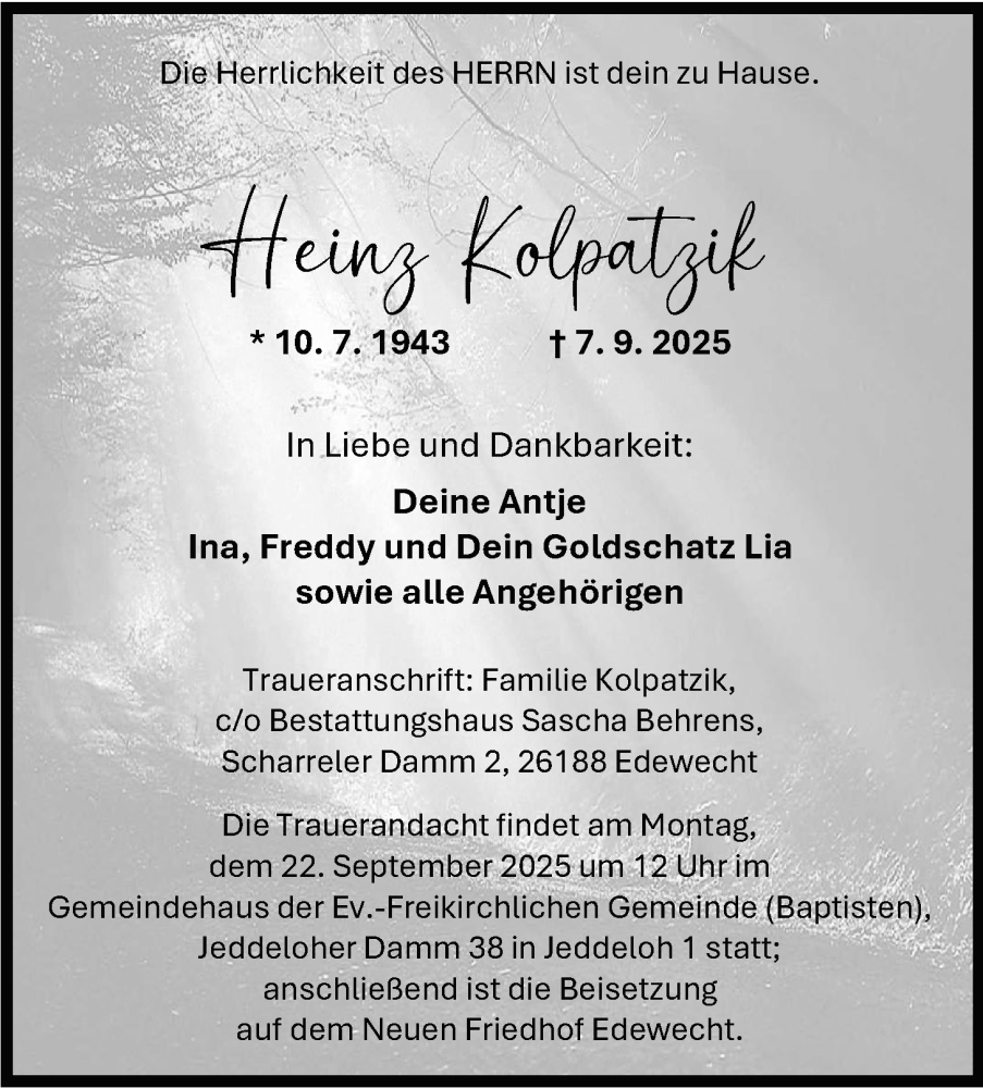  Traueranzeige für Heinz Kolpatzik vom 16.09.2025 aus Nordwest-Zeitung
