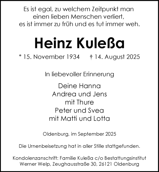 Traueranzeige von Heinz Kuleßa von Nordwest-Zeitung
