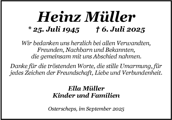 Traueranzeige von Heinz Müller von Nordwest-Zeitung