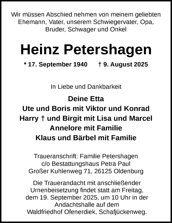 Traueranzeige von Heinz Petershagen von Nordwest-Zeitung