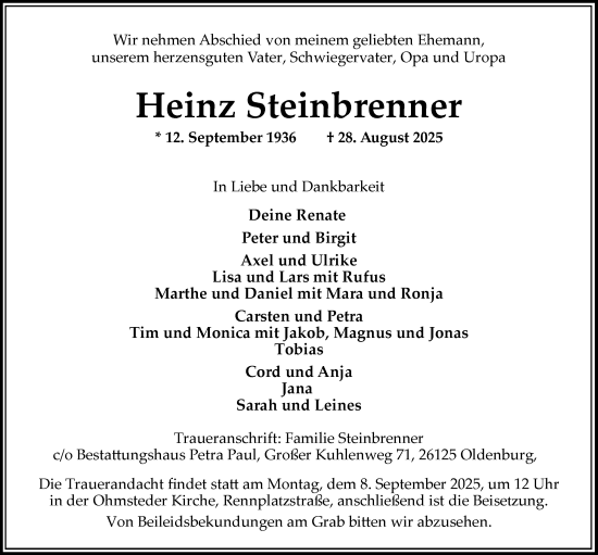 Traueranzeige von Heinz Steinbrenner von Nordwest-Zeitung