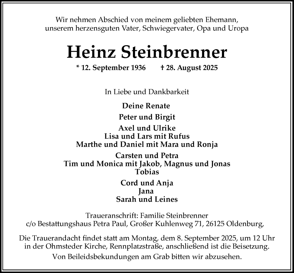  Traueranzeige für Heinz Steinbrenner vom 03.09.2025 aus Nordwest-Zeitung