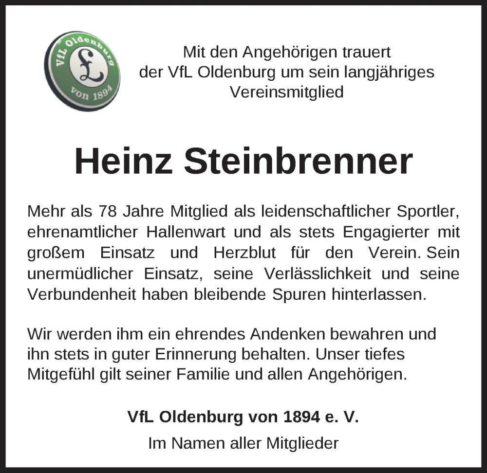  Traueranzeige für Heinz Steinbrenner vom 06.09.2025 aus Nordwest-Zeitung