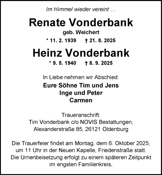 Traueranzeige von Heinz Vonderbank von WZ/JW/AH