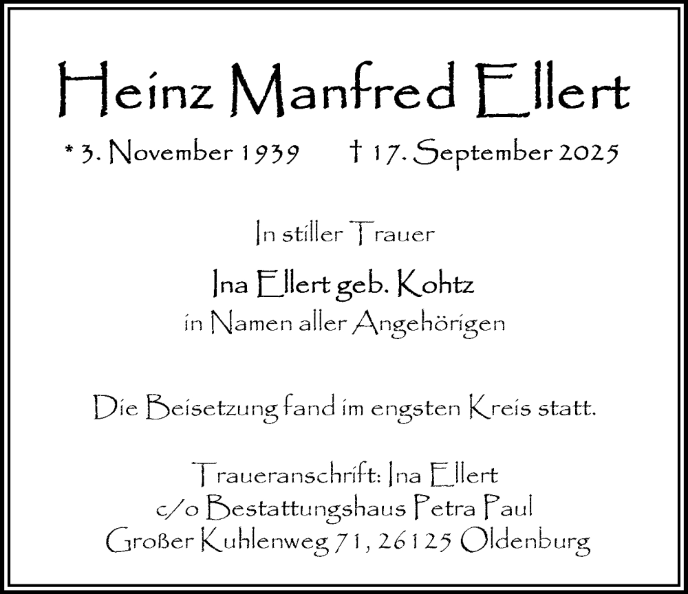  Traueranzeige für Heinz Manfred Ellert vom 30.09.2025 aus Nordwest-Zeitung