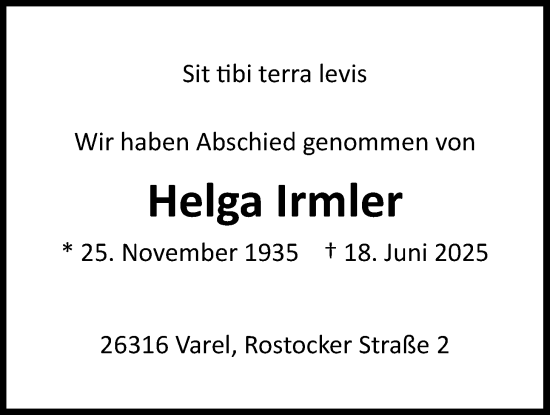 Traueranzeige von Helga Irmler von Nordwest-Zeitung