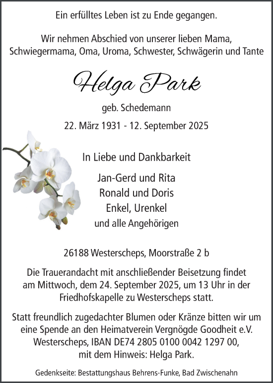 Traueranzeige von Helga Park von Nordwest-Zeitung