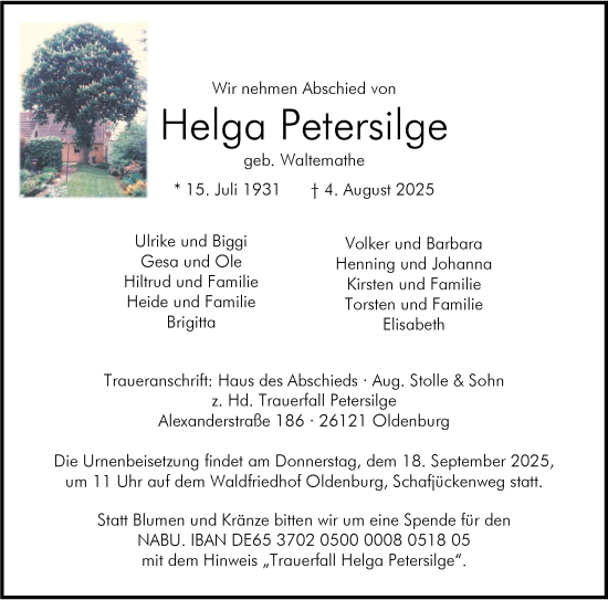 Traueranzeige von Helga Petersilge von Nordwest-Zeitung
