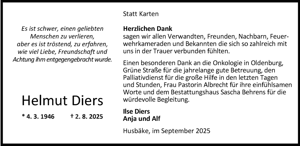  Traueranzeige für Helmut Diers vom 10.09.2025 aus Nordwest-Zeitung