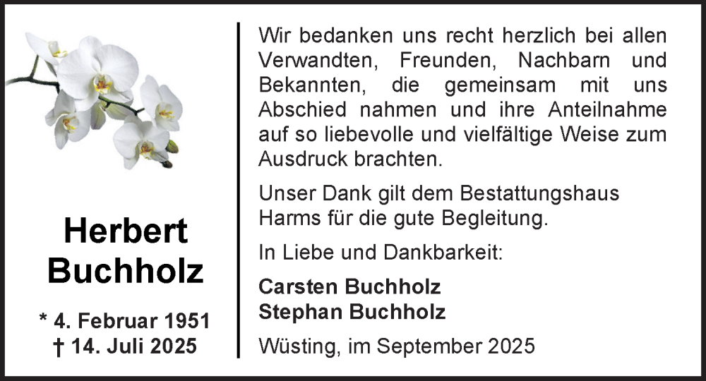  Traueranzeige für Herbert Buchholz vom 20.09.2025 aus Nordwest-Zeitung