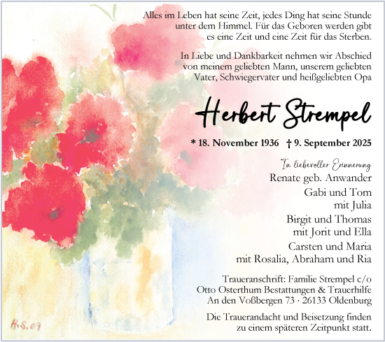 Traueranzeige von Herbert Strempel von Nordwest-Zeitung