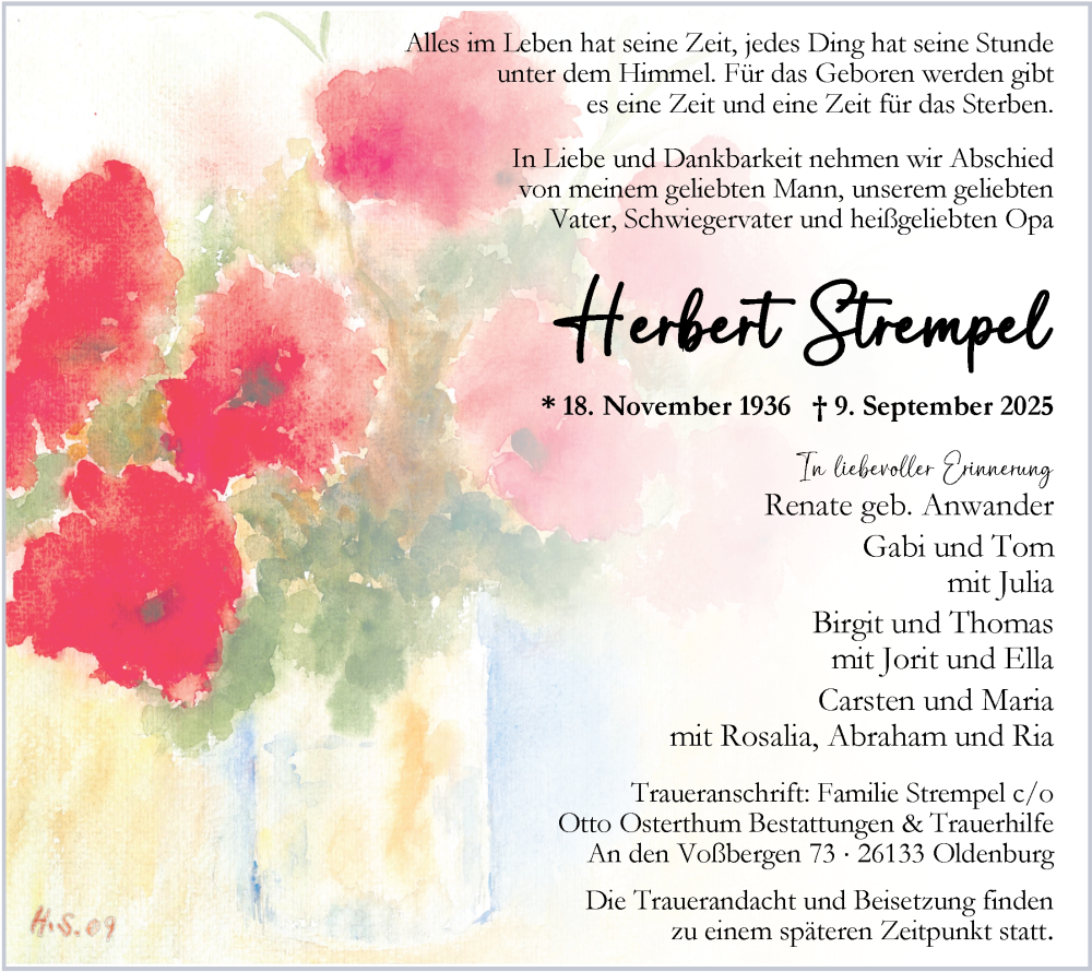  Traueranzeige für Herbert Strempel vom 13.09.2025 aus Nordwest-Zeitung