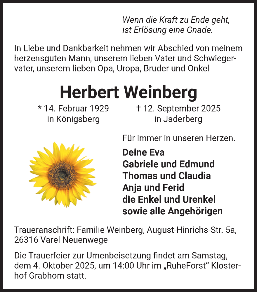  Traueranzeige für Herbert Weinberg vom 26.09.2025 aus Nordwest-Zeitung