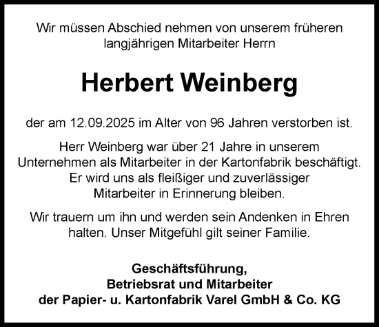 Traueranzeige von Herbert Weinberg von Nordwest-Zeitung