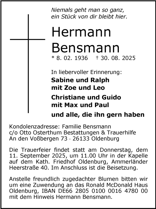 Traueranzeige von Hermann Bensmann von Nordwest-Zeitung