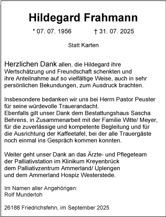 Traueranzeige von Hildegard Frahmann von Nordwest-Zeitung
