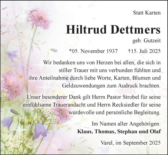 Traueranzeige von Hiltrud Dettmers von Nordwest-Zeitung