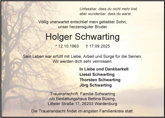 Traueranzeige von Holger Schwarting von Nordwest-Zeitung