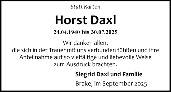 Traueranzeige von Horst Daxl von Nordwest-Zeitung