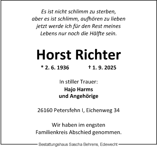 Traueranzeige von Horst Richter von Nordwest-Zeitung
