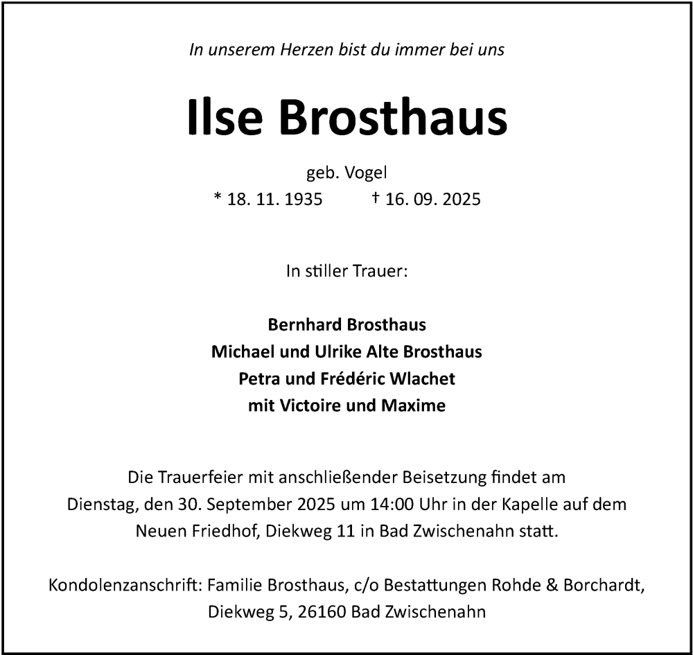  Traueranzeige für Ilse Brosthaus vom 20.09.2025 aus Nordwest-Zeitung