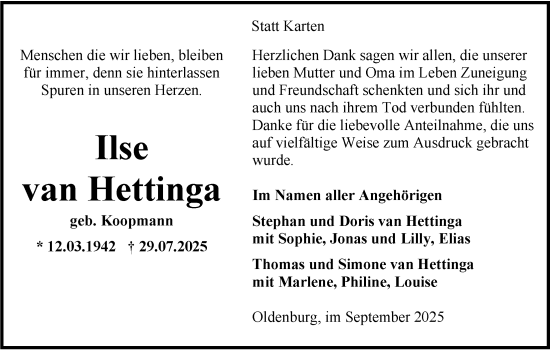 Traueranzeige von Ilse van Hettinga von Nordwest-Zeitung