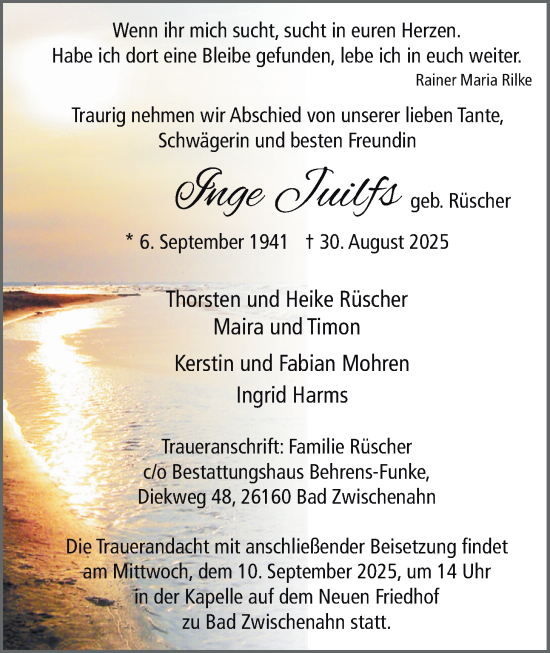 Traueranzeige von Inge Juilfs von Nordwest-Zeitung