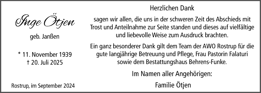  Traueranzeige für Inge Ötjen vom 13.09.2025 aus Nordwest-Zeitung