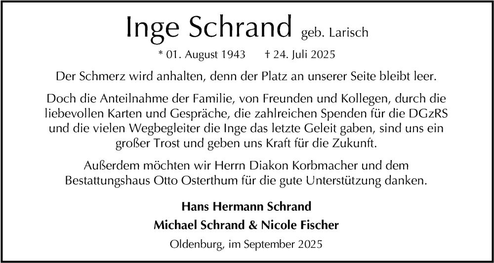 Traueranzeige für Inge Schrand vom 06.09.2025 aus Nordwest-Zeitung