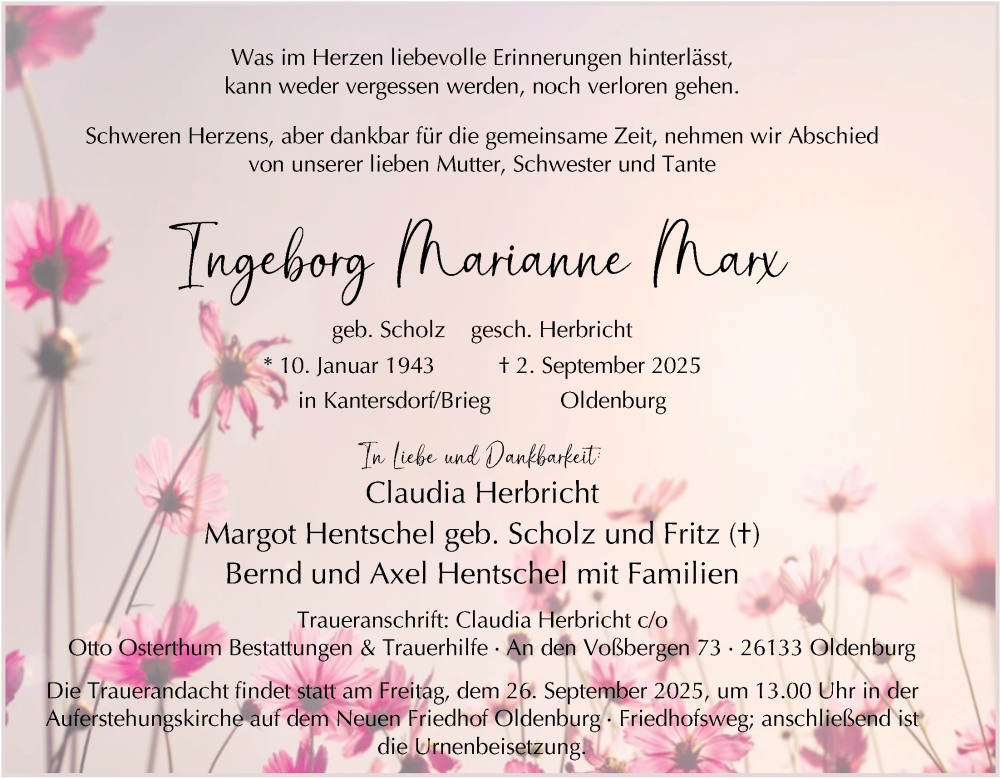  Traueranzeige für Ingeborg Marianne Marx vom 20.09.2025 aus Nordwest-Zeitung