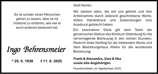 Traueranzeige von Ingo Behrensmeier von Nordwest-Zeitung