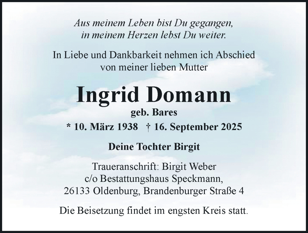  Traueranzeige für Ingrid Domann vom 20.09.2025 aus Nordwest-Zeitung