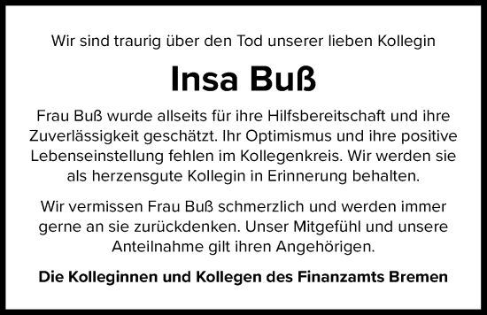 Traueranzeige von Insa Buß von Nordwest-Zeitung