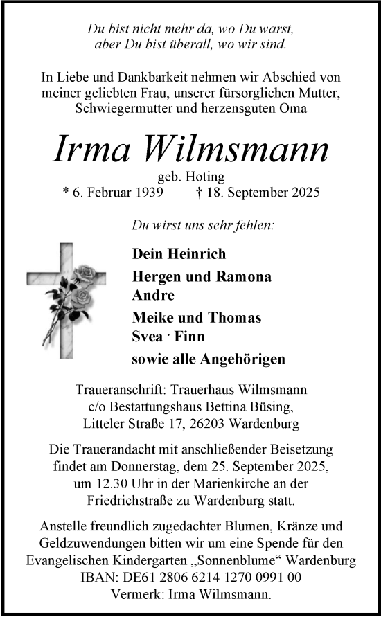 Traueranzeige von Irma Wilmsmann von Nordwest-Zeitung