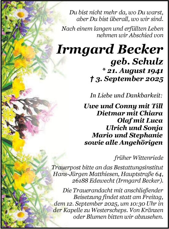 Traueranzeige von Irmgard Becker von Nordwest-Zeitung