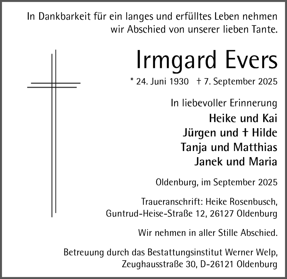  Traueranzeige für Irmgard Evers vom 13.09.2025 aus Nordwest-Zeitung