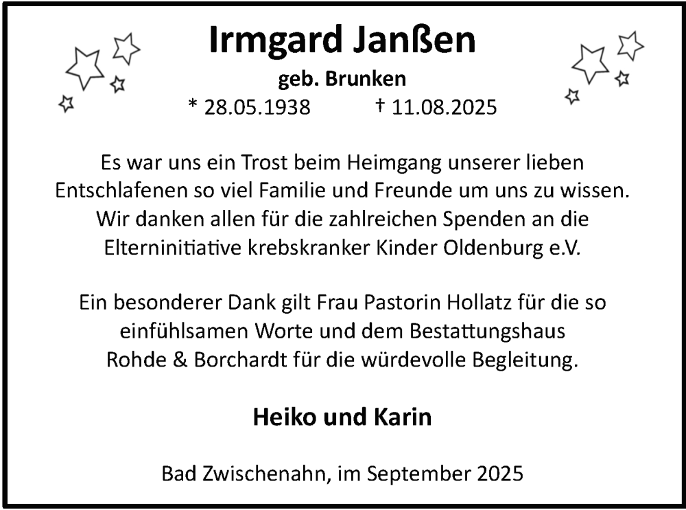  Traueranzeige für Irmgard Janßen vom 13.09.2025 aus Nordwest-Zeitung