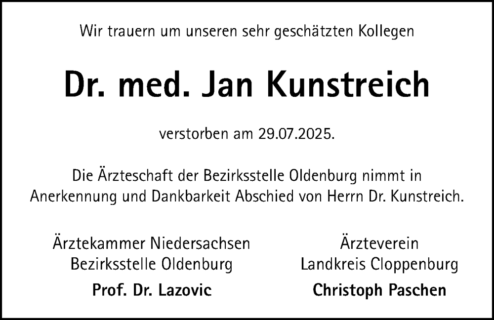 Traueranzeige für Jan Kunstreich vom 03.09.2025 aus Nordwest-Zeitung