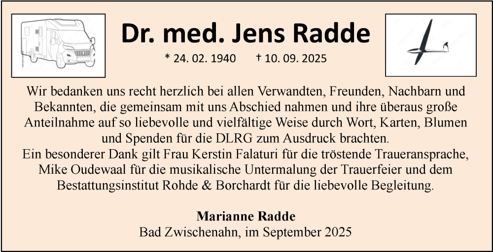  Traueranzeige für Jens Radde vom 27.09.2025 aus Nordwest-Zeitung