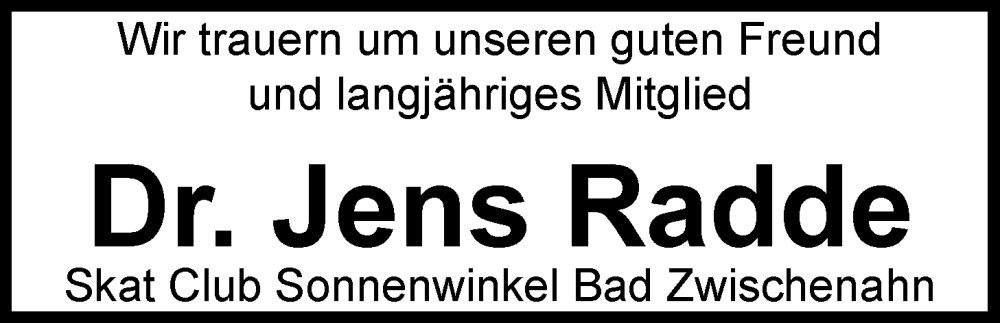  Traueranzeige für Jens Radde vom 15.09.2025 aus Nordwest-Zeitung
