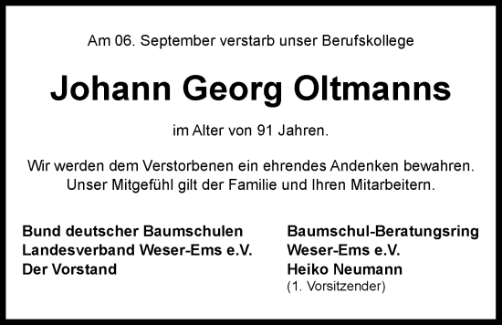 Traueranzeige von Johann Georg Oltmanns von Nordwest-Zeitung