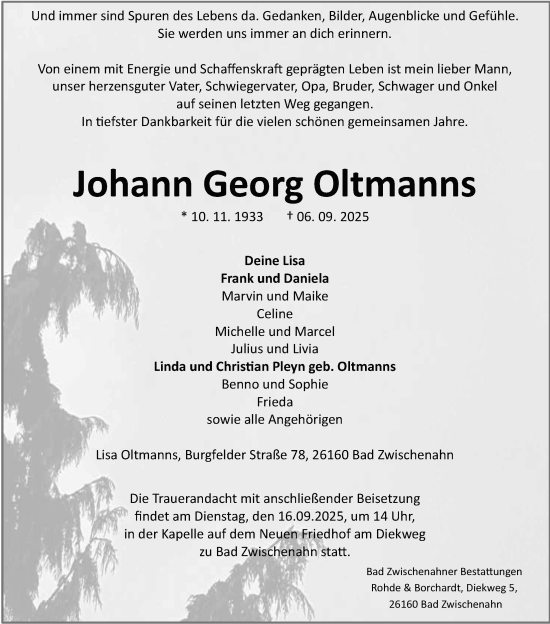 Traueranzeige von Johann Georg Oltmanns von Nordwest-Zeitung
