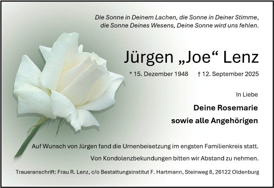 Traueranzeige von Jürgen Lenz von Nordwest-Zeitung